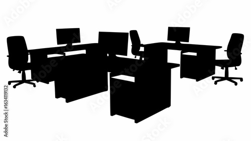 Silhouette illustration of office workstations with desks chairs and computers in a workspace area | editable eps vectors