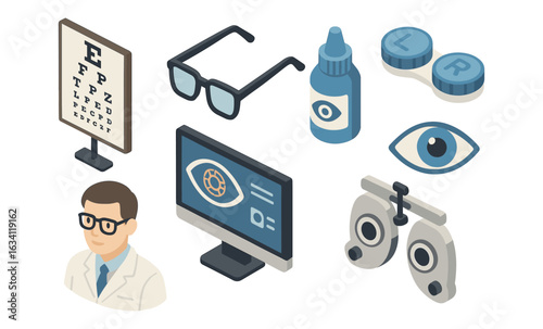 Isometric eye care icons: glasses, eye chart, eye drops, eye exam tools