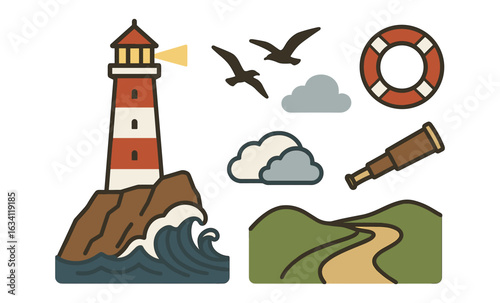 Colorful nautical icons with lighthouse, birds, and telescope
