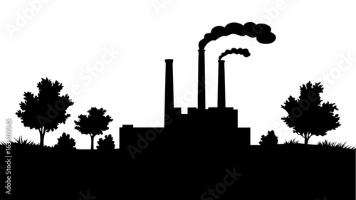 Silhouette of industrial factory with smoking chimneys surrounded by trees and vegetation in black and white | editable eps vectors