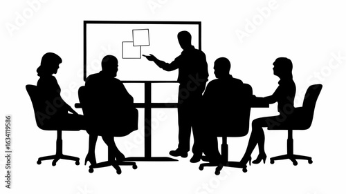 Silhouette of a man presenting to a group of people in a meeting room with a whiteboard display | editable eps vectors