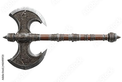 Ornate fantasy battle axe with intricate details isolated on transparent background