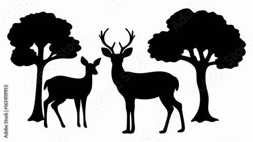 Silhouette of a deer family standing between two trees in a forest, creating a peaceful nature scene | editable eps vectors