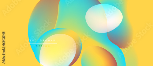 Abstract fluid shapes overlap, creating vibrant color gradients. Yellow backdrop complements turquoise, orange hues. Modern design element.