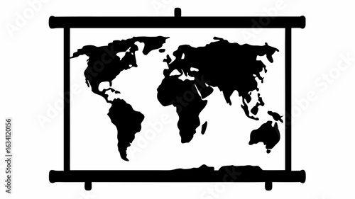 A black and white world map displayed on a pull down projector screen with a white background viewable | editable eps vectors
