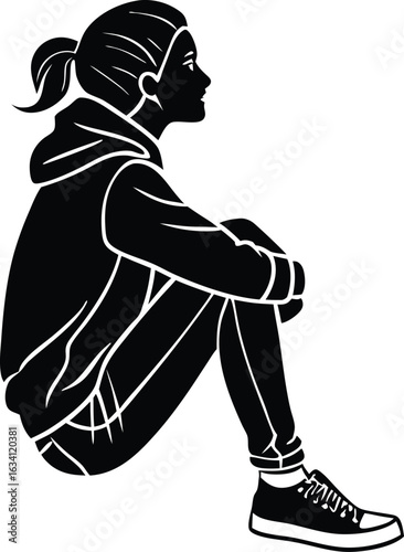 Black silhouette of a girl sitting with her knees drawn up casual