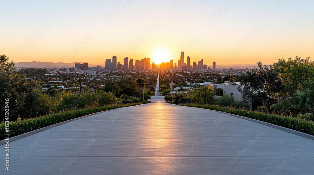 Obraz premium Sunset over urban skyline with warm glow illuminating cityscape and surrounding greenery