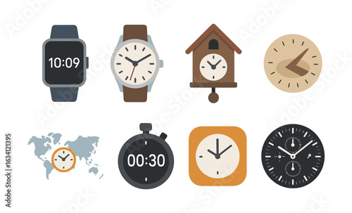 Variety of clocks and watches in modern flat design
