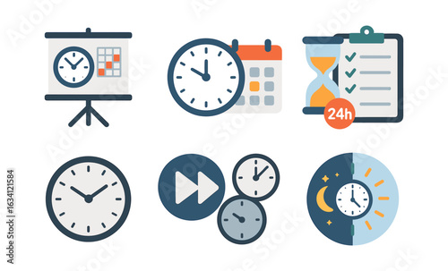 Time management icons: clocks, calendars, and schedules in flat design
