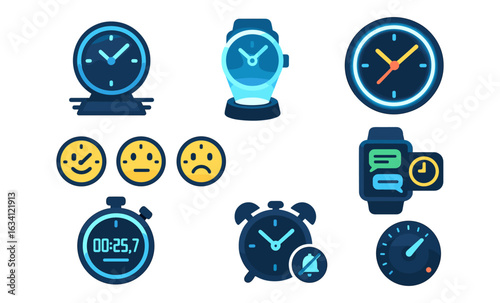 Timekeeping icons collection featuring watches and clocks in modern flat style