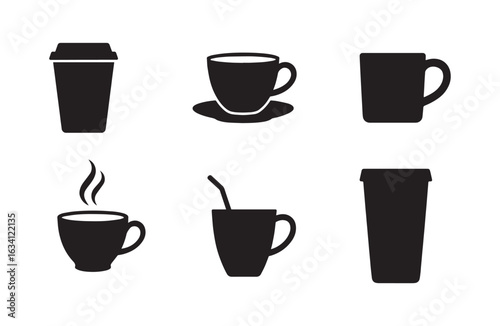 set of coffee cups silhouette design, tea mug disposable bevarage sign 