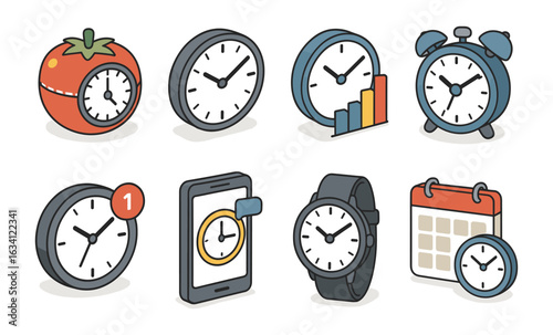 Variety of timekeeping devices in modern cartoon style