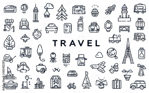 Travel icons and symbols depicting various modes of transport landmarks and essential travel items in a minimalist line art style