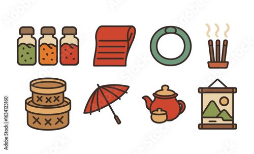 Chinatown market icons: traditional asian elements in modern flat design