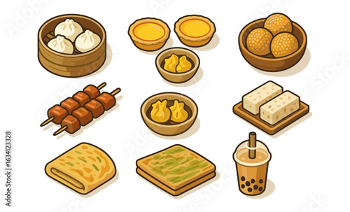 Delicious dim sum and asian treats collection in charming isometric style