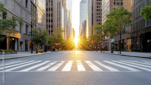 Fototapeta Naklejka Na Ścianę i Meble -  Empty street tall buildings golden hour sunlight urban landscape city architecture trees