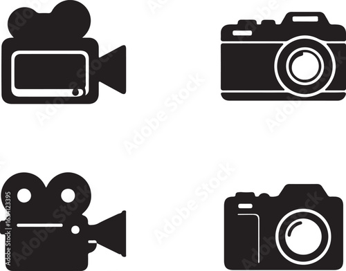 Four black silhouette icons of a vintage camcorder and three cameras on a white background video camera