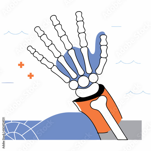 Robotic hand waving with blue details against a simple background  