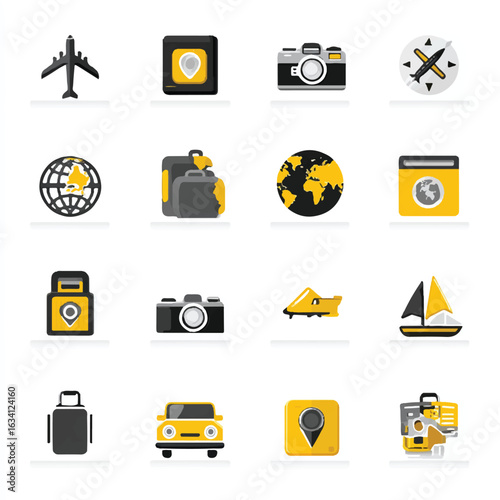 Travel themed icon set featuring various transportation modes and global destinations representing vacation and adventure planning essentials for tourism industry