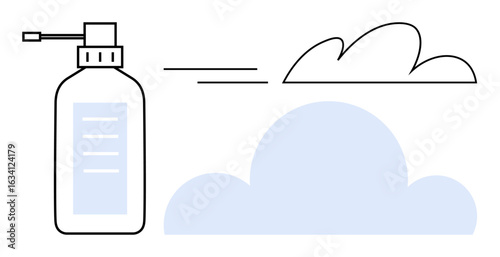 Spray bottle emitting mist, abstract clouds in background. Ideal for hygiene, cleaning, air freshening, skincare, health, environment fresh concept. Minimalist design for simple flat metaphor