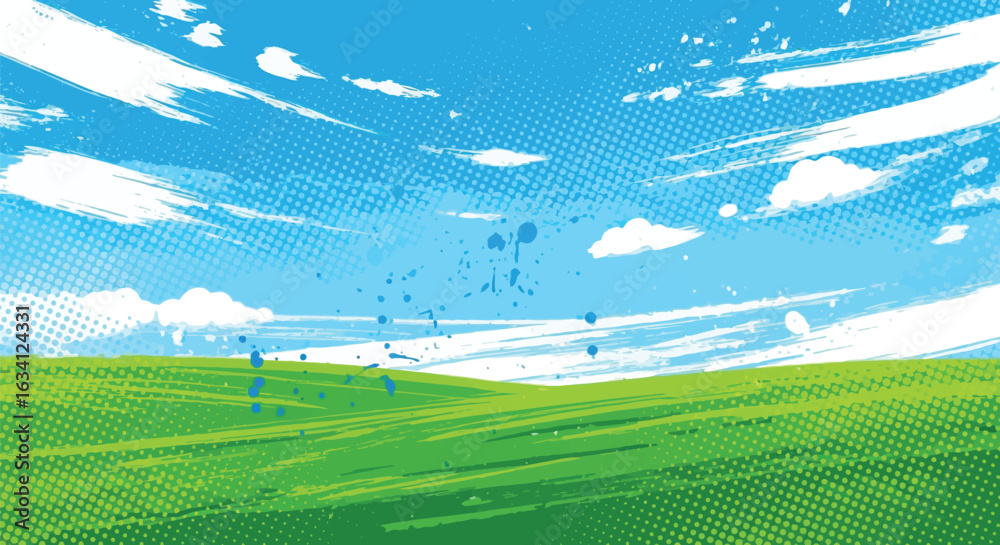 Naklejka premium A vibrant graphic novel landscape with a green field under a bright blue sky and clouds.