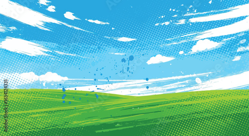 A vibrant graphic novel landscape with a green field under a bright blue sky and clouds.