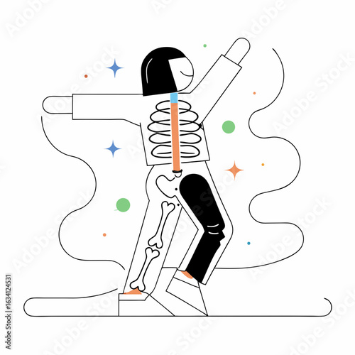 Stylish line art of a dancing skeleton with colorful stars  