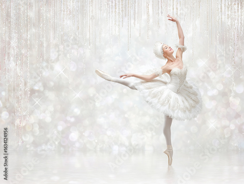 Ballet dancer performs gracefully in a dazzling studio environment during winter season