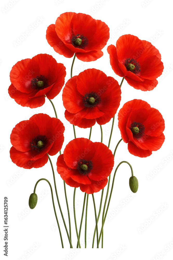Obraz premium Vibrant red poppies with delicate petals and green stems displayed artistically on transparent background.
