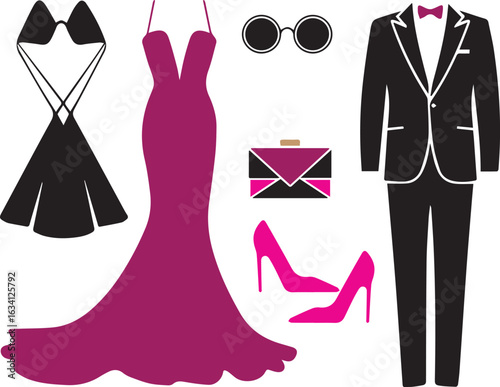 Celebrity Fashion Colorful  Silhouette Vector Set on white background. – Red Carpet Dress, Designer Shades, Heels