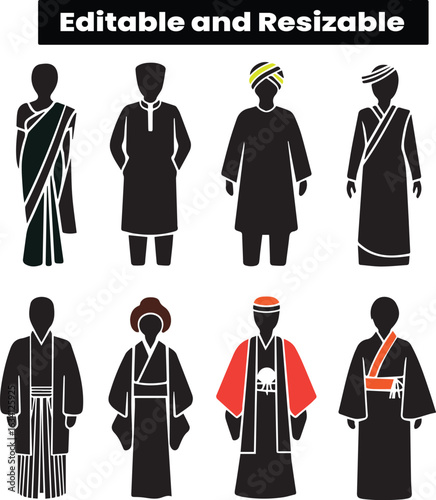 Ethnic Wear Silhouette Vector Set – Saree, Kimono, Kurta, Turban Icons Traditional Cultural Clothing Silhouette Vector Set | Editable Ethnic Costume Collection