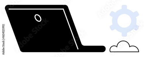 Side view of a laptop alongside a cloud and gear, symbolizing technology, cloud computing, and automation. Ideal for IT, digital transformation, software, development, innovation computing business
