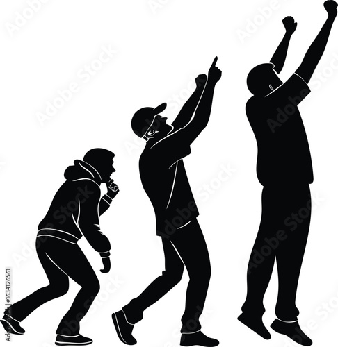 Silhouetted figures in progression pointing upwards people