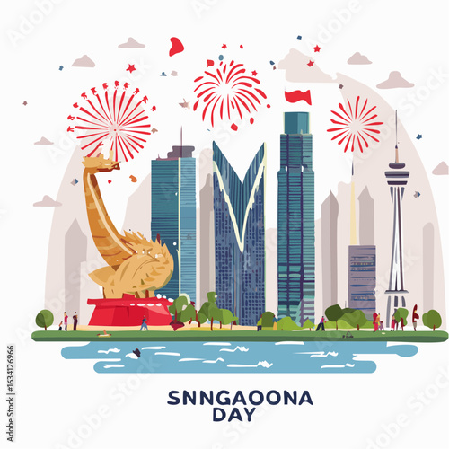 A vibrant flat vector illustration depicting Singapore National Day celebration. Featuring iconic landmarks like Marina Bay Sands and Merlion, fireworks, and people celebrating with flags. 