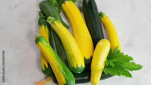 Zucchini of different sizes and colors on a light background spinning in a circle. Close-up, top view. Organic zucchini, yellow zucchini, green zucchini.