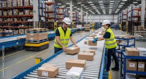 Warehouse workers sorting packages on an automated conveyor line in a modern logistics center
