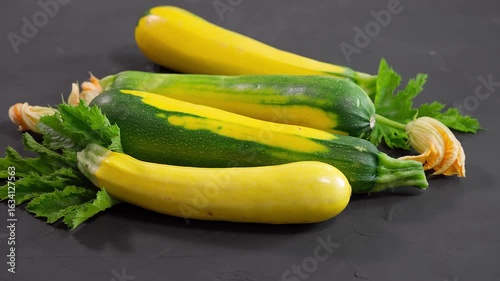 Top view of colorful zucchini on dark textured background. Perfect for healthy eating and vegan dishes. Close-up, top view. Organic zucchini, yellow zucchini, green zucchini