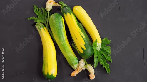 Top view of colorful zucchini on dark textured background. Perfect for healthy eating and vegan dishes. Close-up, top view. Organic zucchini, yellow zucchini, green zucchini