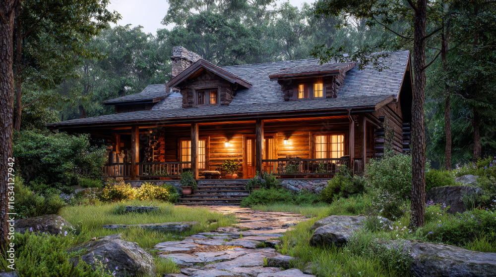 Fototapeta premium Cozy wooden cabin nestled in lush greenery with warm outdoor lighting and a stone pathway leading to the entrance