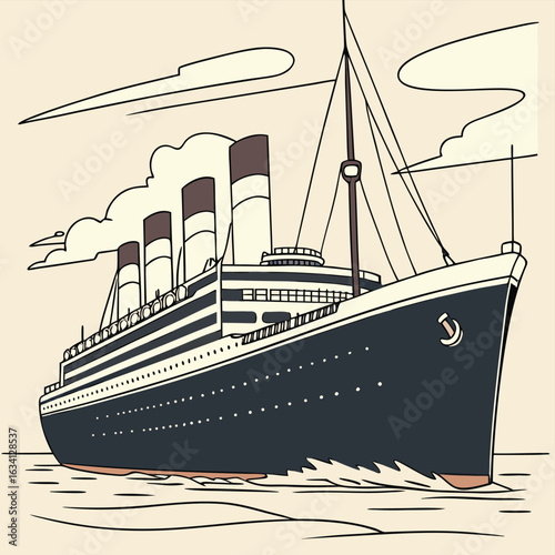 Vintage ocean liner with four smokestacks sailing on calm water with clouds ship steamship
