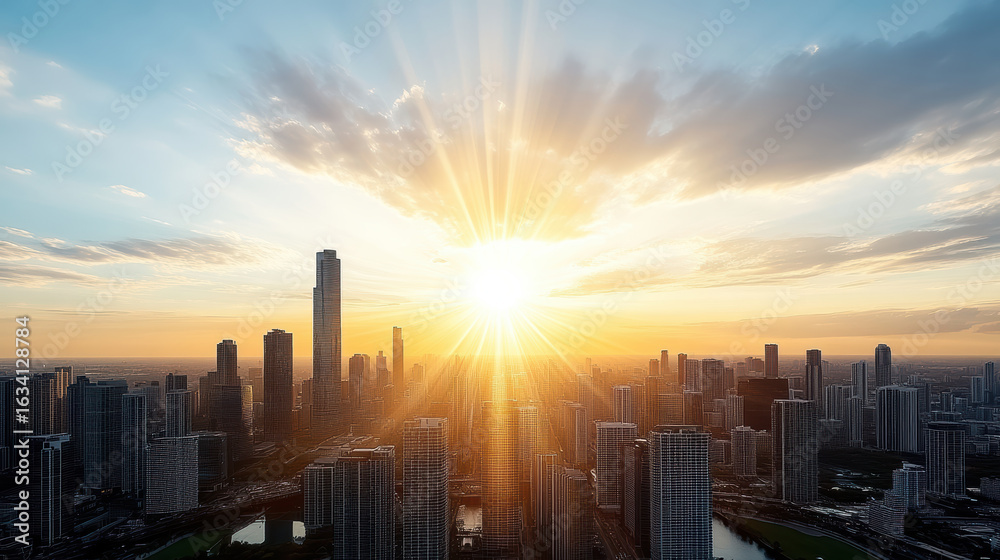 Fototapeta premium Stunning skyline at sunset with rays of light illuminating skyscrapers and clouds