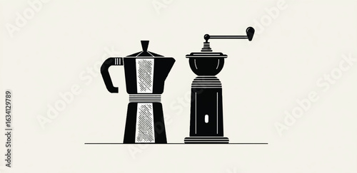 Vintage Coffee Preparation Still Life Featuring Italian Moka Pot and Hand Grinder Illustration
