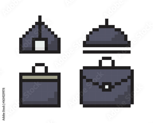 Pixel Art Business Bags and Briefcases Set, 8-Bit Office Icons Collection, Retro Work Accessories in Dark Colors, Digital Pixel Style Case Graphics, Professional Bag Icons, Pixel art.