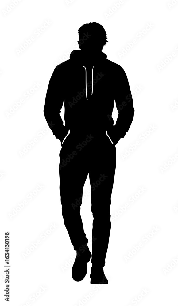 Fototapeta premium Black silhouette of a man walking with his hands in his pockets and head down, depicting sadness, loneliness or deep thought, without background