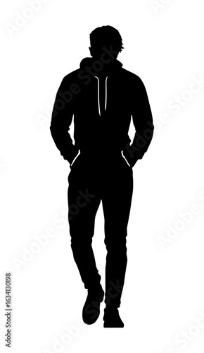 Black silhouette of a man walking with his hands in his pockets and head down, depicting sadness, loneliness or deep thought, without background
