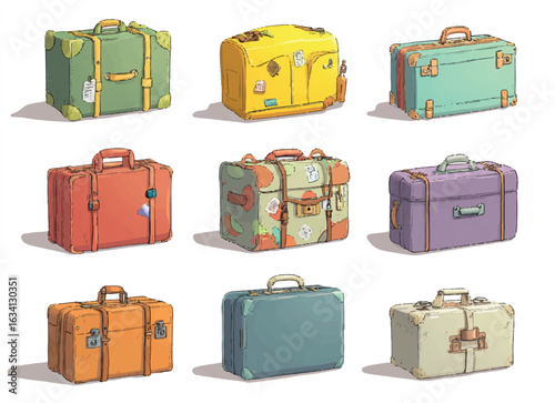 Vintage Suitcase Collection Colorful Luggage Set Travel Bags Retro Style Packing for Vacation and Adventure