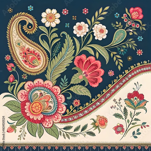 Seamless vintage floral pattern with flowers, leaves, paisley, and pink decorative elements