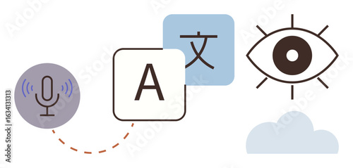 Microphone, text boxes with letters, eye icon, and cloud highlighting voice translation, multilingual communication, and visual recognition. Ideal for AI, technology, education global business