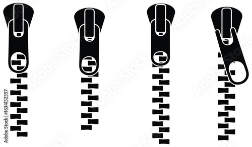 Four black zipper icons showcasing different closure states and slider positions on white background