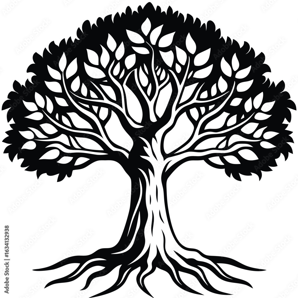 Obraz premium Tree silhouette vector. Tree with roots. Tree logo, icon vector illustration.. black and white tree.